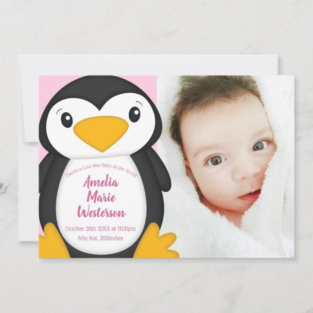 Invitación Chica rosa de Baby Shower pingüino (Anverso)