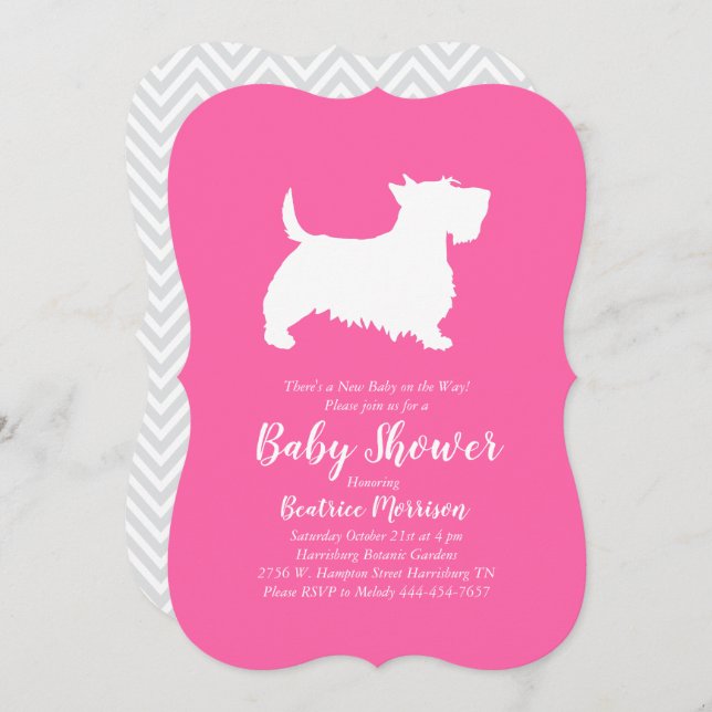 Invitación Chica rosa de Baby Shower Terrier Dog de Escocia (Anverso / Reverso)