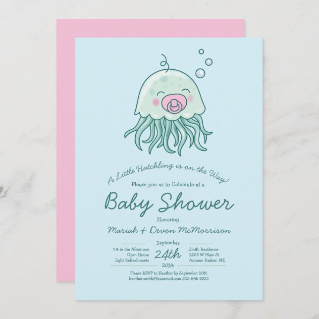 Invitación Chica rosa de Cute Jellyfish Baby Shower Kawaii (Anverso / Reverso)