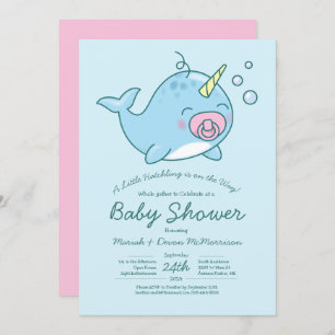 Invitación Chica rosa de Cute Narwhal Baby Shower Kawaii