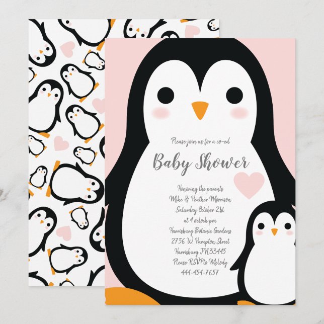 Invitación Chica rosa de Cute Penguin Baby Shower (Anverso / Reverso)
