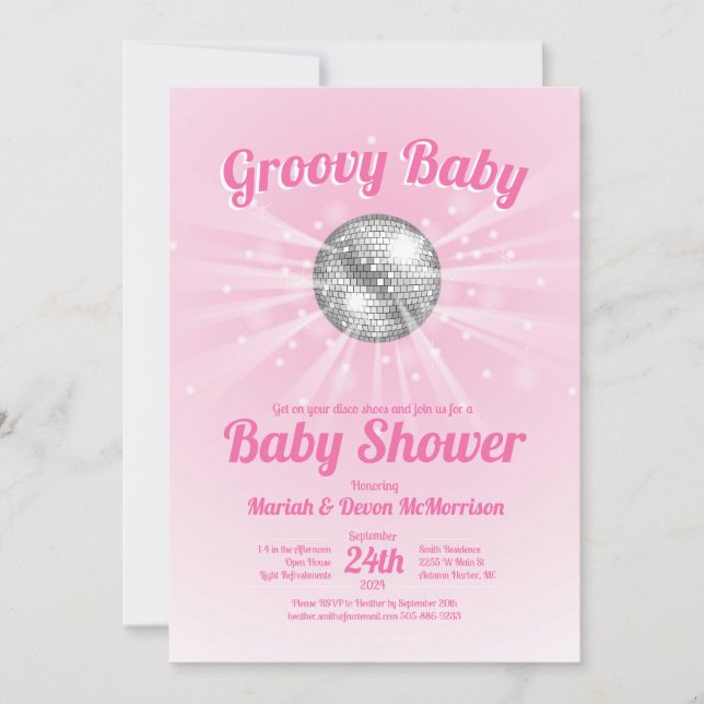 Invitación Chica Rosa de Disco Ball Baby Shower Groovy (Anverso)