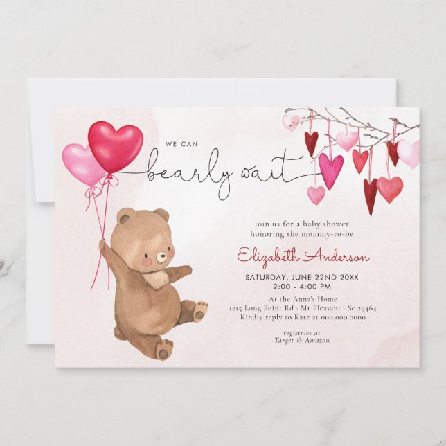 Invitación Chica rosa de globo de San Valentín de oso cardíac (Anverso)