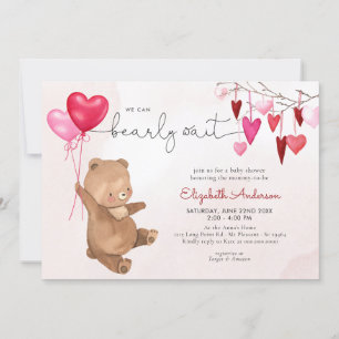 Invitación Chica rosa de globo de San Valentín de oso cardíac