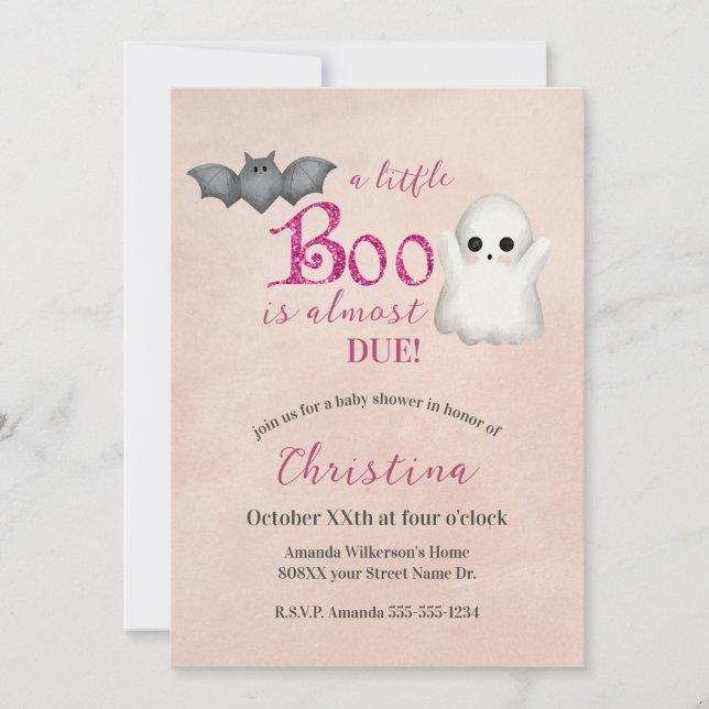 Invitación Chica rosa de Halloween con ghost suave Baby Showe (Anverso)