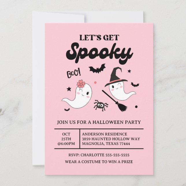 Invitación Chica rosa de Halloween, un fantasma adorable (Anverso)
