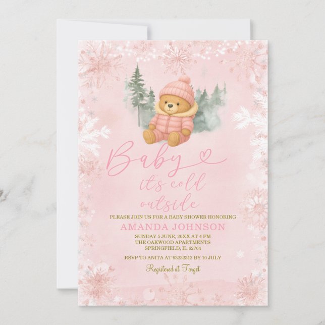 Invitación Chica rosa de invierno bebe hace frío afuera (Anverso)