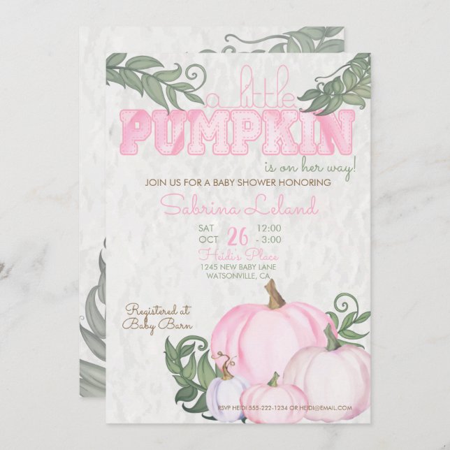 Invitación Chica Rosa de la Calabaza Pequeña y caprichosa Bab (Anverso / Reverso)