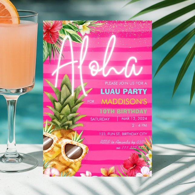 Invitación Chica rosa de la playa de Luau Pineapple Beach tro (Tropical Luau Pineapple Beach Pink Girl Birthday Invitation)
