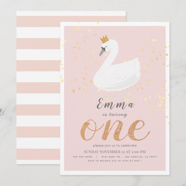 Invitación Chica Rosa de la Princesa de Swan Primer Cumpleaño (Anverso / Reverso)