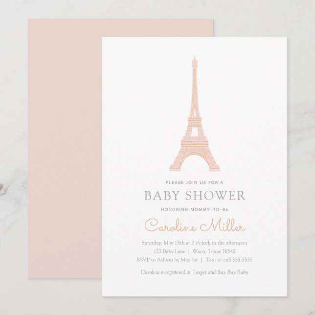 Invitación Chica rosa de la Torre Eiffel de París Baby Shower (Anverso / Reverso)