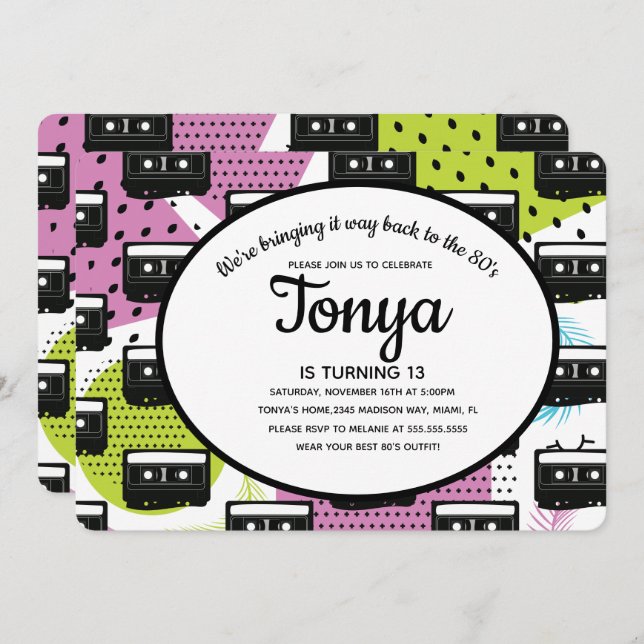 Invitación Chica Rosa de los 80 y 90 Collage Cinta de Casete  (Anverso / Reverso)