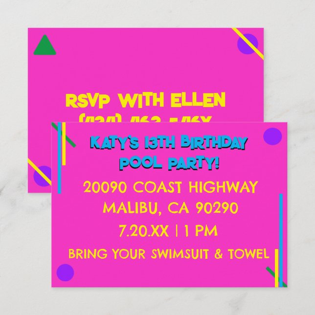 Invitación Chica rosa de los años 80, 13.º Fiesta de natalida (Anverso / Reverso)