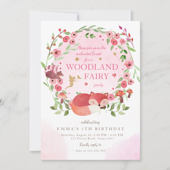 Invitación Chica rosa de los bosques de bosque encantado cump (Anverso)