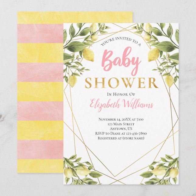 Invitación Chica rosa de marco geométrico Lemons Baby Shower (Anverso / Reverso)