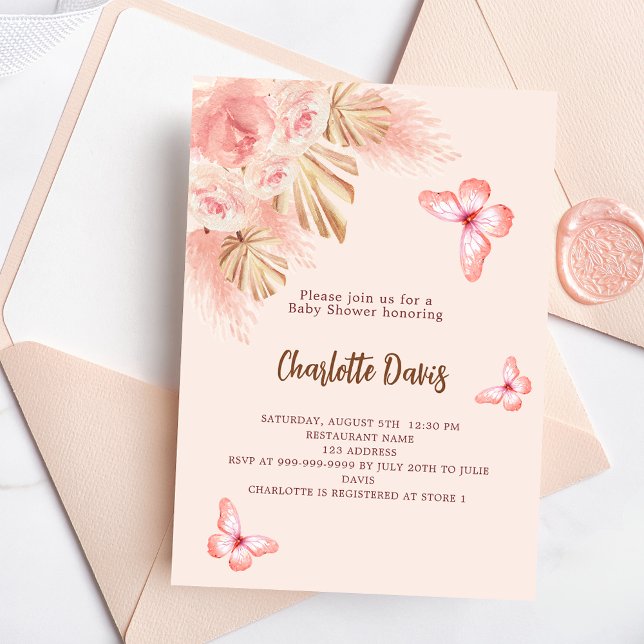 Invitación Chica rosa de mariposa pampas Baby Shower (Subido por el creador)