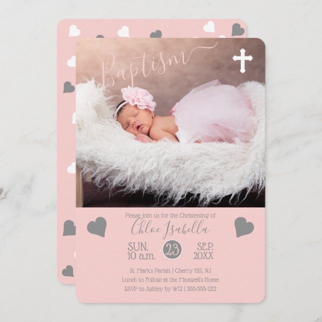 Invitación Chica rosa de Rubor Corazón para Cristiar Baptismo (Anverso / Reverso)