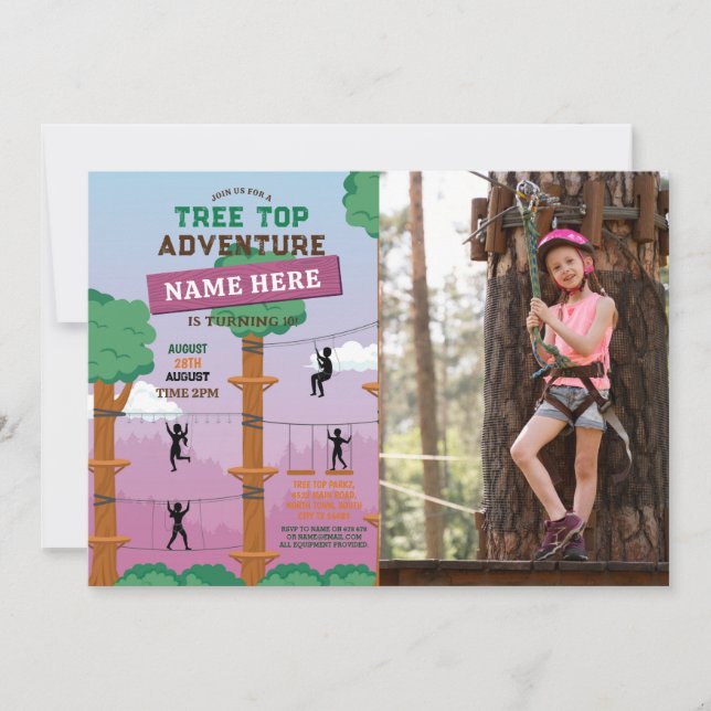 Invitación Chica rosa de Tree Top Birday Adventure Park (Anverso)