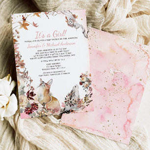Invitación Chica Rosa De Woodland Fox Bunny Baby Shower Por C