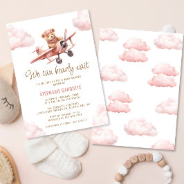 Invitación Chica rosa del avión de oso lindo Baby Shower