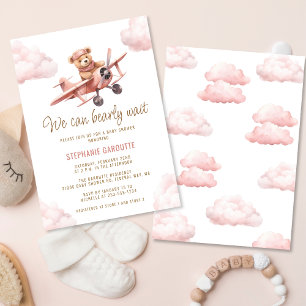 Invitación Chica rosa del avión de oso lindo Baby Shower