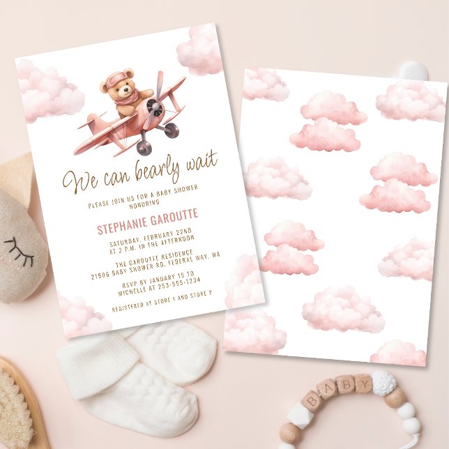 Invitación Chica rosa del avión de oso lindo Baby Shower (Cute Bear Airplane Pink Girl Baby Shower Invitation)