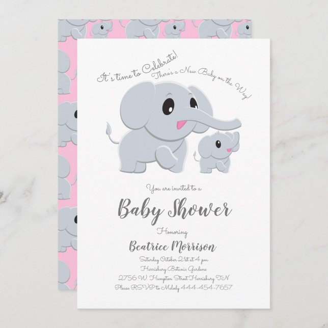 Invitación Chica rosa del Baby Shower del elefante (Anverso / Reverso)