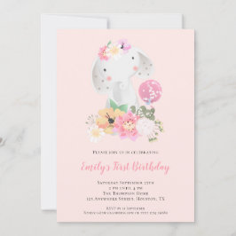 Invitación Chica rosa del elefante cutto Primer cumpleaños