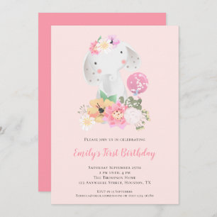 Invitación Chica rosa del elefante cutto Primer cumpleaños