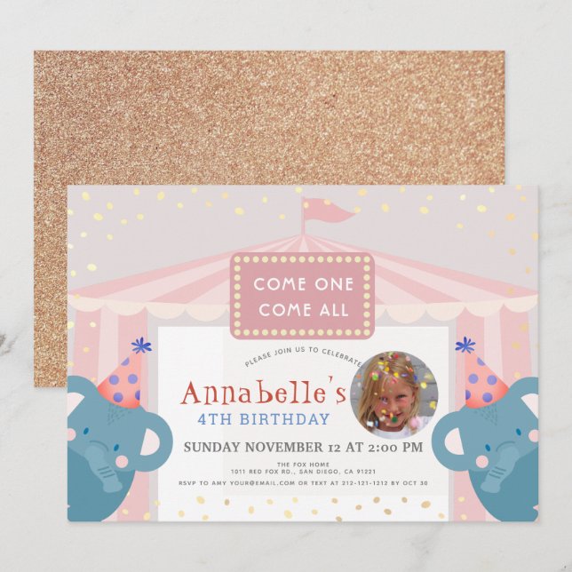 Invitación Chica rosa del elefante del Carnaval de Circo (Anverso / Reverso)