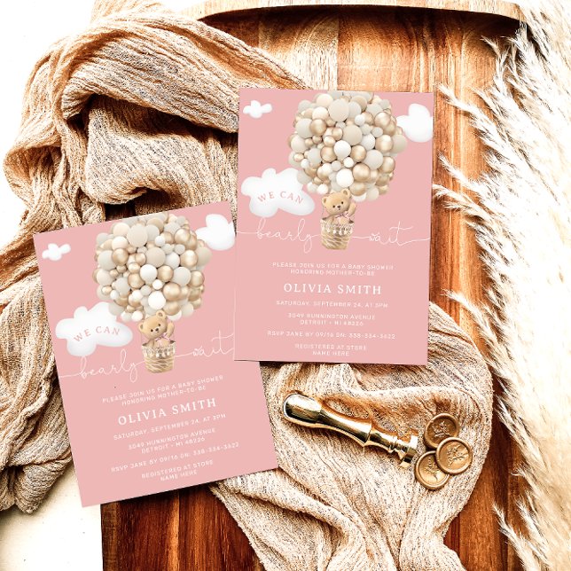 Invitación Chica rosa del globo aerostático del oso Baby Show (Subido por el creador)