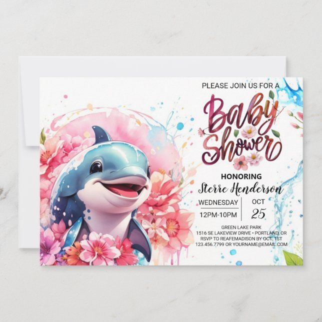 Invitación Chica Rosa Delphin Fantasy Baby Shower (Anverso)
