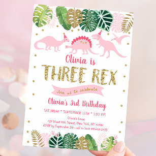 Invitación Chica Rosa Dinosaurio TRES REX Cumpleaños
