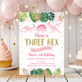 Invitación Chica Rosa Dinosaurio TRES REX Cumpleaños
