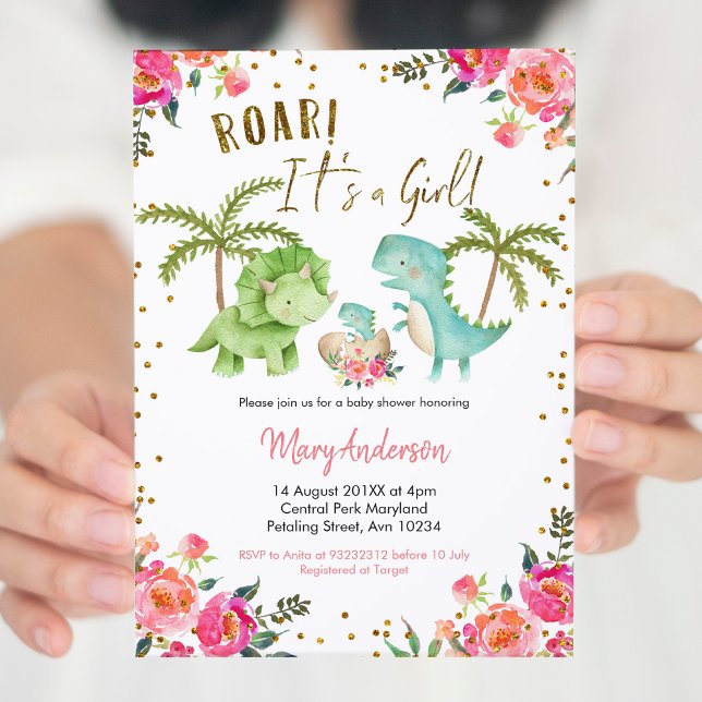 Invitación Chica rosa dinosaurio tropical Baby Shower Floral (Subido por el creador)