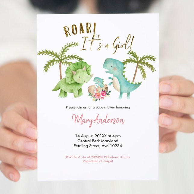 Invitación Chica rosa dinosaurio tropical Baby Shower Roar (Subido por el creador)