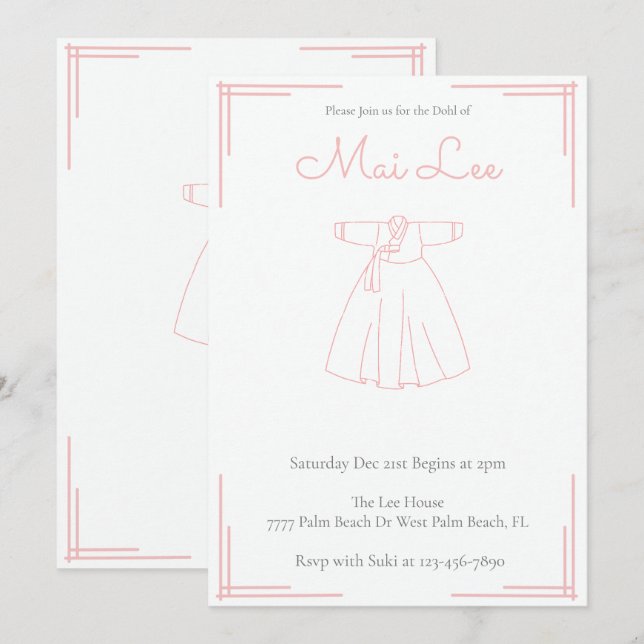 Invitación Chica rosa Doljanchi coreano 100 días cumpleaños (Anverso / Reverso)