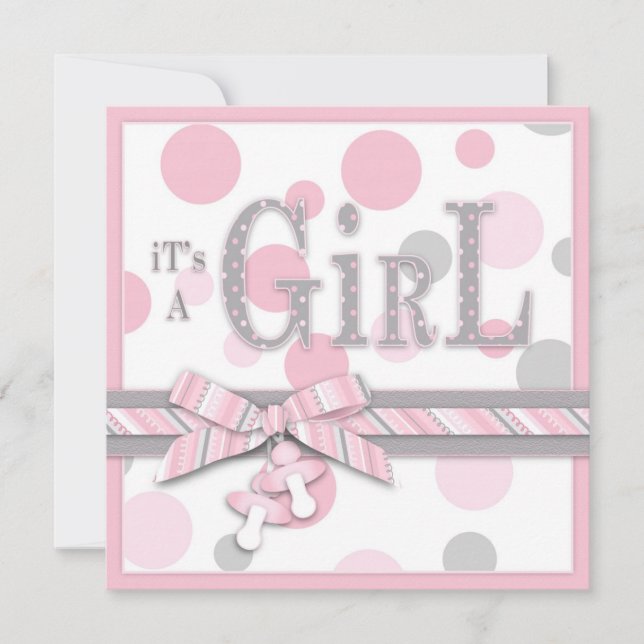 Invitación CHICA Rosa Dots Gris Baby Shower (Anverso)