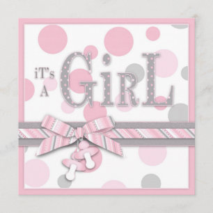 Invitación CHICA Rosa Dots Gris Baby Shower
