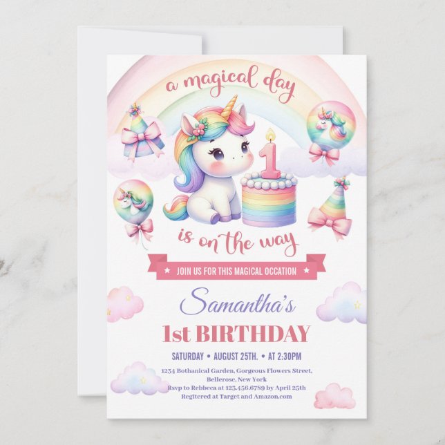 Invitación Chica rosa dulce unicornio primer cumpleaños (Anverso)