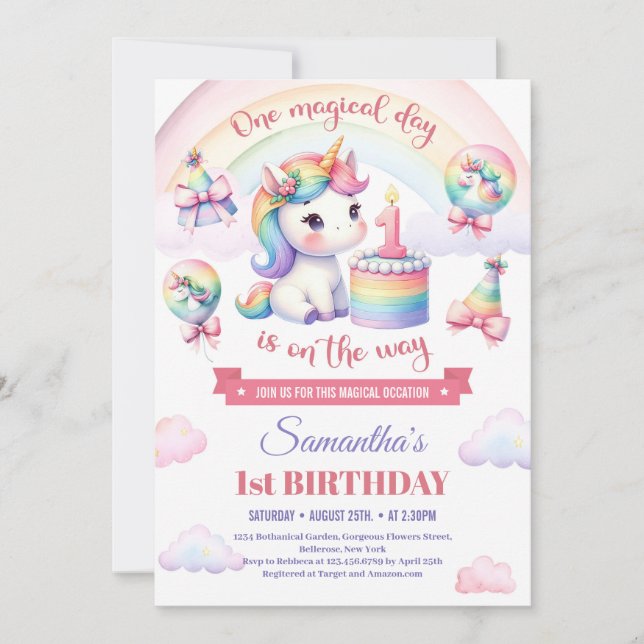 Invitación Chica rosa dulce unicornio primer cumpleaños (Anverso)