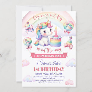 Invitación Chica rosa dulce unicornio primer cumpleaños