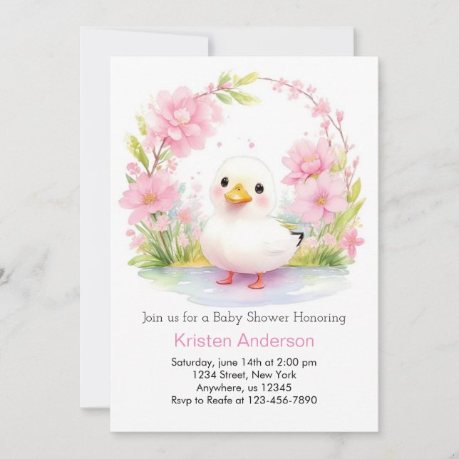 Invitación Chica rosa encantado de pato floral Baby Shower (Anverso)