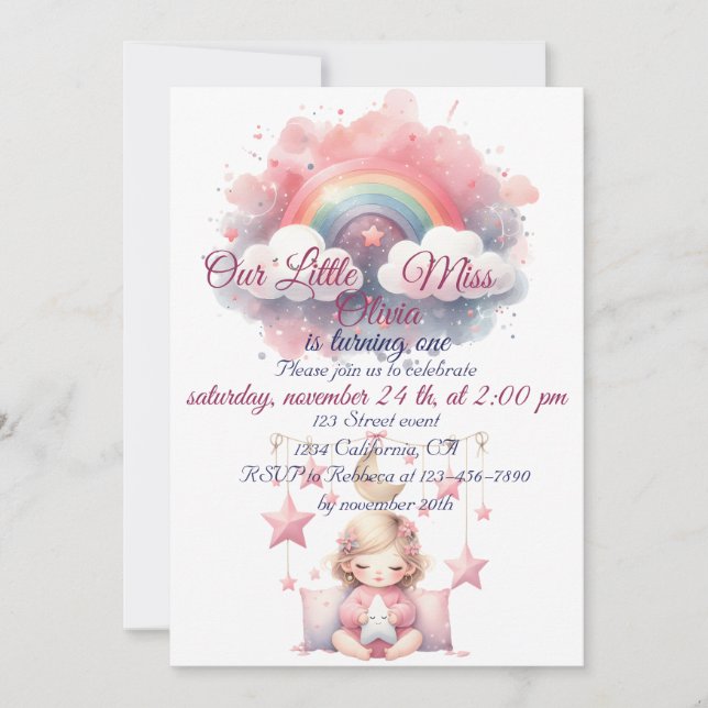Invitación Chica Rosa Estrella del Arcoiris Cumpleaños (Anverso)