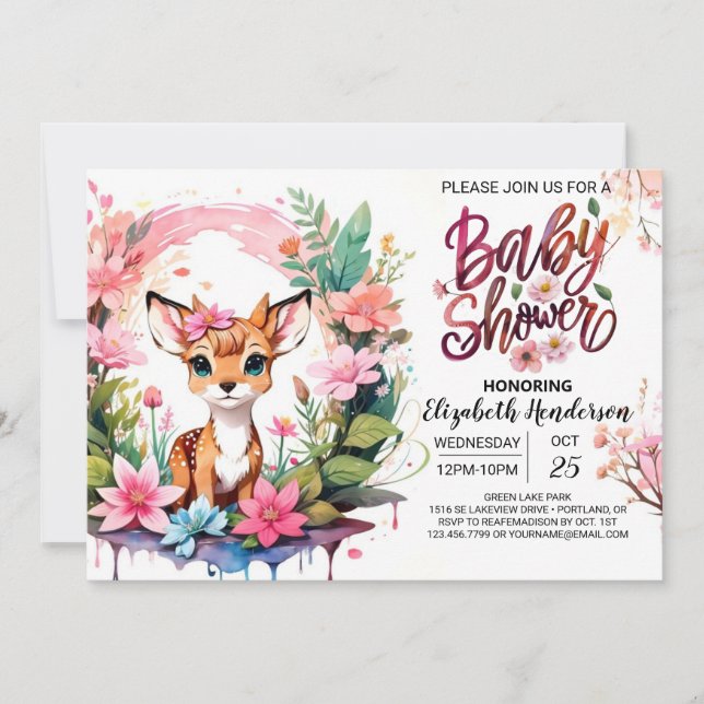 Invitación Chica Rosa Fawn Adventure Baby Shower (Anverso)