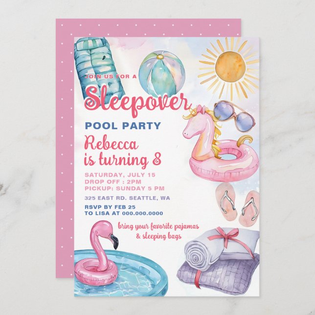 Invitación Chica rosa Fiesta de la piscina de madera Tween Cu (Anverso / Reverso)