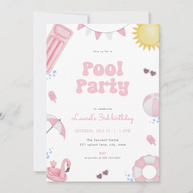 Invitación Chica rosa Fiesta de piscina de verano  de cumplea (Anverso)