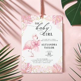 Invitación Chica rosa Flamingo Bow Tropical Rosa Baby Shower