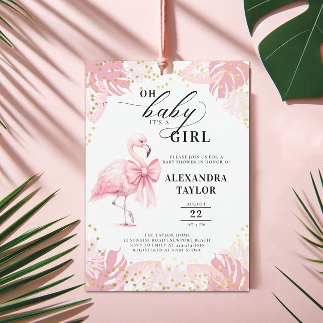Invitación Chica rosa Flamingo Bow Tropical Rosa Baby Shower (pink flamingo girl baby shower invitation bow coquette watercolor tropical botanical foliage cute)