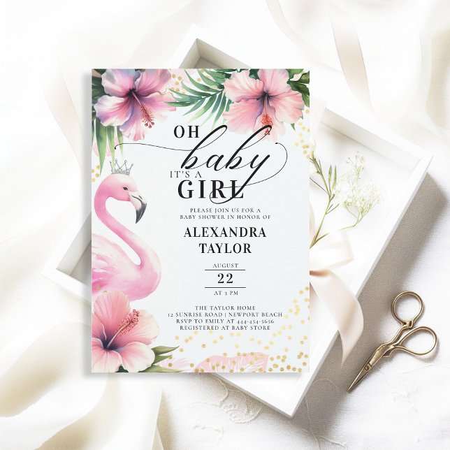 Invitación Chica rosa Flamingo Tropical Rosa Gold Baby Shower (flamingo baby girl shower invitation pink tropical greenery palm leaf hibiscus floral its a girl)